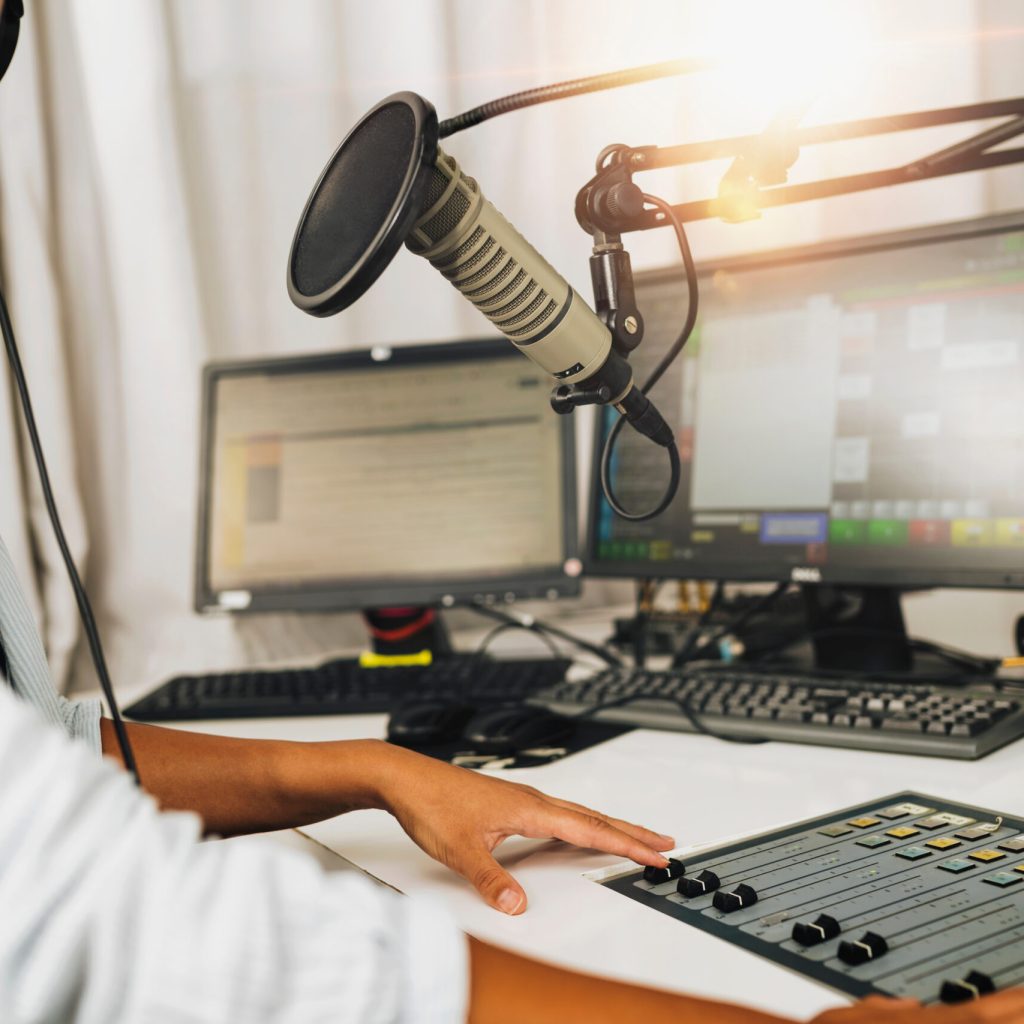 Live broadcasting of a podcast or online radio talk show Live broadcasting of a podcast or online radio talk show from a studio